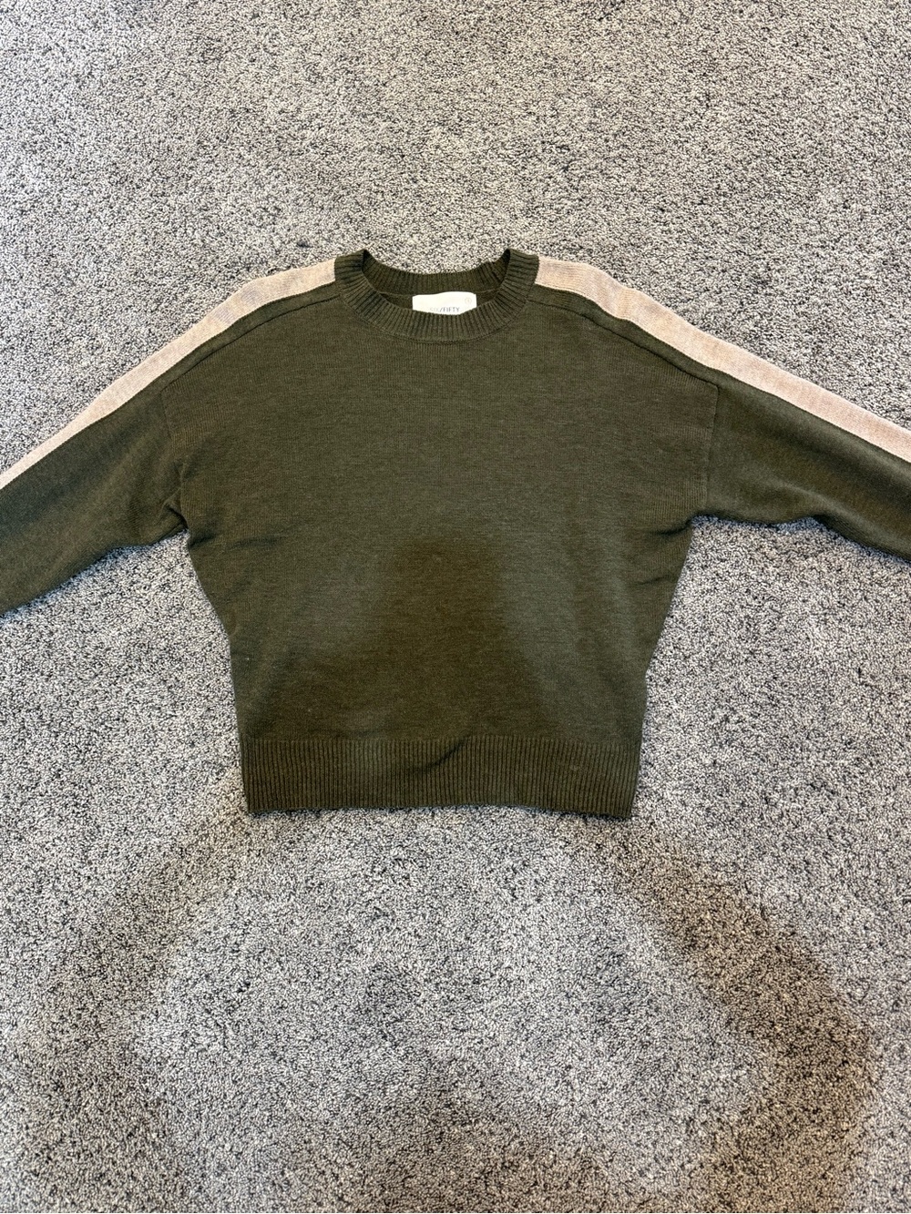 Woman’s Olive Green Crewneck Sweater with Contrast Shoulder Stripe